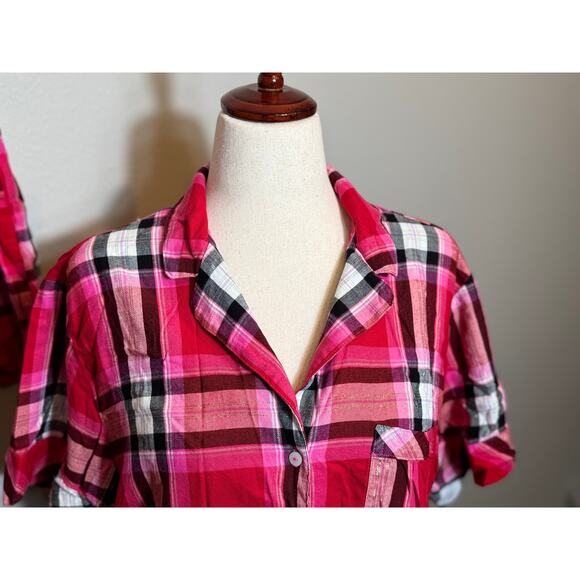 Victoria's Secret flannel pajama set pink black plaid shorts & button top Sz L - Picture 2 of 10